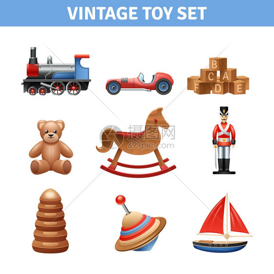 老式玩具图标老式玩具写实图标泰迪熊船士兵矢量插图图片