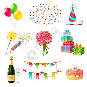 庆祝图标庆祝图标蛋糕气球,香槟,花,纸屑礼物盒,鞭炮,花环,哨子,派帽,矢量插图图片