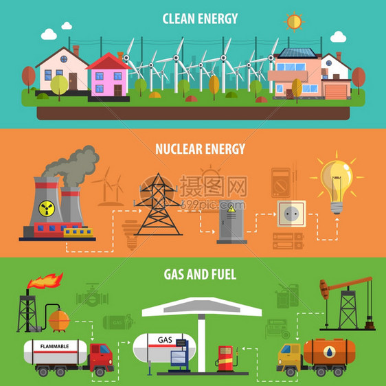 权力横幅电力能源水平横幅气体燃料平隔离矢量插图图片