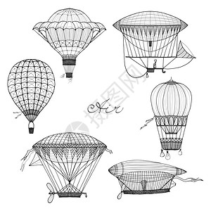 老式气球飞艇涂鸦孤立矢量插图气球飞艇涂鸦套装图片