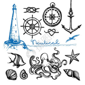 航海符号海洋生命手绘集孤立矢量插图航海手画的集合图片