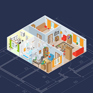 等距室内部与三维厨房浴室家具图标矢量插图等距内部图片