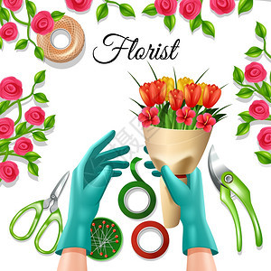 花店的颜色花与花卉设备工具郁金香玫瑰五颜六色的矢量插图图片