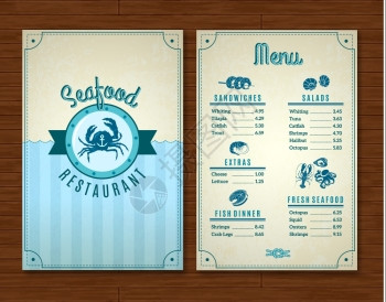 海鲜菜单模板海鲜餐厅菜单模板与海洋符号矢量插图图片