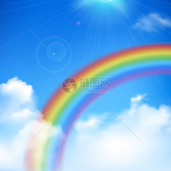 彩虹背景插图彩虹阳光真实背景与云蓝天矢量插图图片