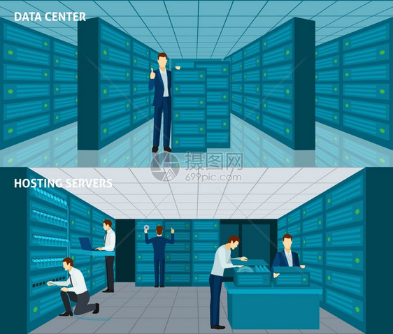 数据中心水平横幅与托管服务器元素隔离向量插图数据中心横幅图片