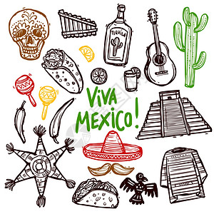 墨西哥涂鸦图标手绘食物文化符号孤立矢量插图墨西哥涂鸦套装图片