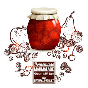 果酱罐子的与现实的璃瓶素描水果浆果的背景矢量插图果酱罐子的图片