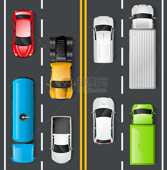 公路交通与顶部视图汽车卡车沥青道路矢量插图交通顶部视图图片
