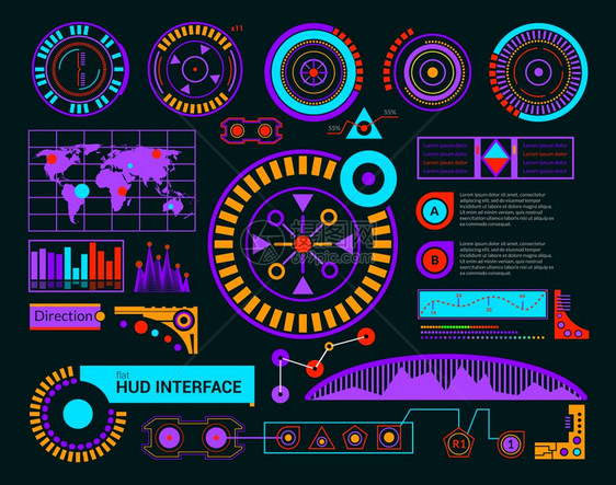 黑背景矢量插图上的HUD接口现代接口模板哈德接口黑色图片