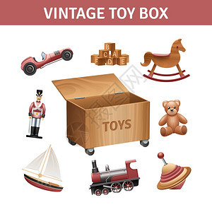 老式玩具盒套老式玩具盒套与摆马火车船舶现实孤立矢量插图图片
