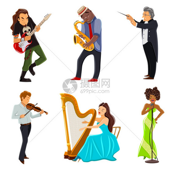 音乐家平图标音乐家演奏竖琴,小提琴,吉他,萨克斯管交响乐指挥平图标抽象矢量插图图片