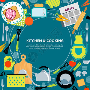 厨房家庭烹饪海报家庭健康快速烹饪海报与厨房用具食谱象形文字成抽象矢量插图图片