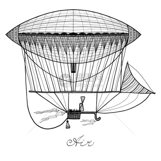 涂鸦复古风格齐柏林飞艇黑色铅笔书法矢量插图涂鸦飞艇插图图片