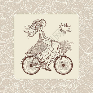 复古风格的明信片与女孩骑自行车装饰背景矢量插图骑自行车的女孩图片