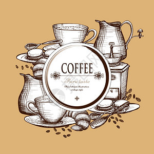 咖啡套装复古风格构图海报传统复古风格装饰早咖啡合与磨床牛奶罐海报抽象矢量插图图片