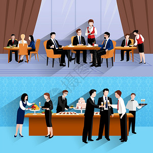 商务人员午餐2横幅成商务人员午餐工作中,两个横向横幅成公司Cantina自助餐抽象孤立矢量插图图片