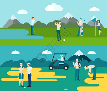 高尔夫球场2平横幅成流行的户外球俱乐部运动2平横幅与高尔夫球场球员抽象孤立矢量插图图片