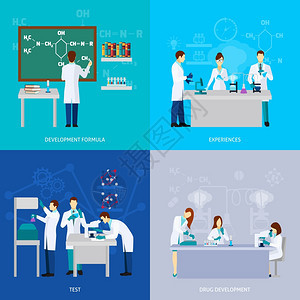 科学家集与药物开发平图标孤立矢量插图科学家平集图片