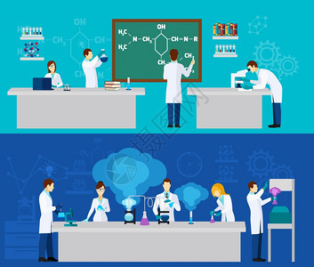 科学家水平横幅与人们化学实验室矢量插图科学家横幅套图片