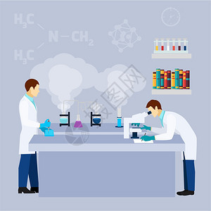 化学实验室科学研究平海报化学实验室研究试管平图标海报与两名科学家实验室外套抽象矢量插图图片