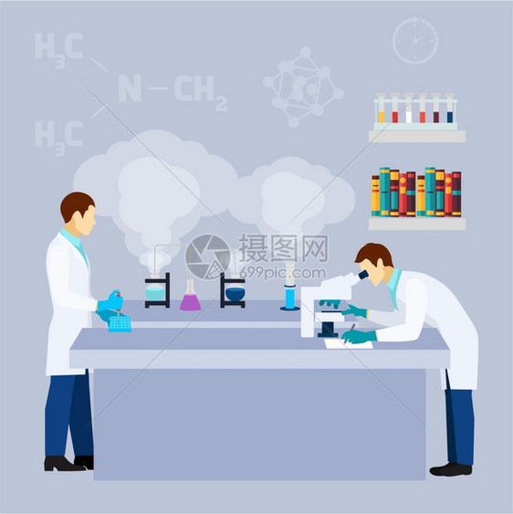 化学实验室科学研究平海报化学实验室研究试管平图标海报与两名科学家实验室外套抽象矢量插图图片