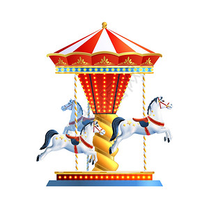 现实的复古木马与三匹彩色马隔离白色背景矢量插图现实的木马分离图片