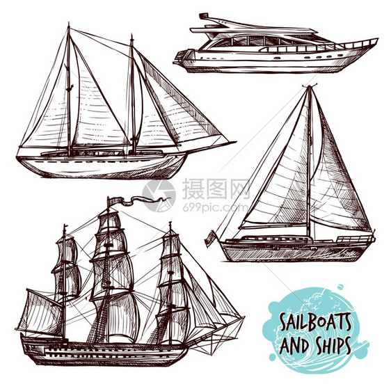 手绘复古帆船快艇孤立矢量插图帆船开始了图片