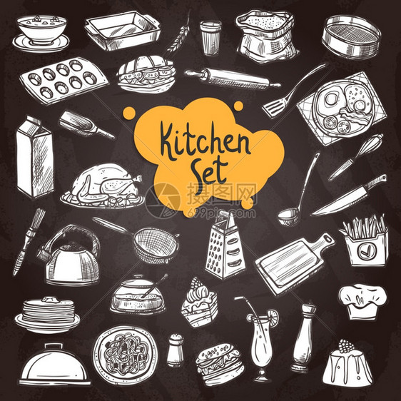 食物黑板与手绘厨房设备黑板孤立矢量插图食物黑板套装图片