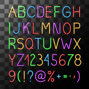 霓虹灯字母表集,字母编号符号透明的背景隔离矢量插图霓虹灯字母表集图片