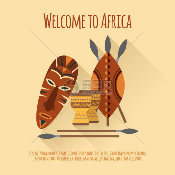 非洲欢迎平图标海报欢迎来非洲平真实的文化符号海报与具盾牌,长矛,抽象矢量插图图片