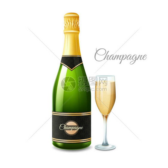 香槟现实主义套装香槟瓶全璃写实套标题孤立矢量插图图片