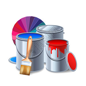 绘画工具构图绘画工具设备写实构图与油漆罐矢量插图图片