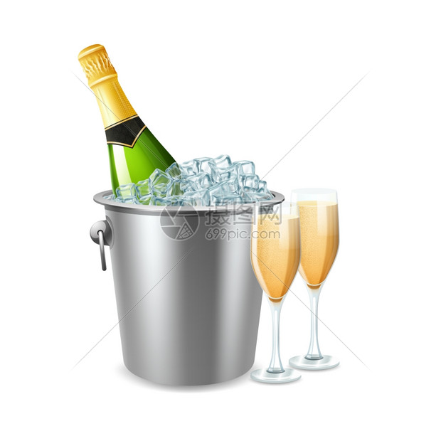 桶插图中的香槟香槟瓶冰桶两个完整的眼镜现实矢量插图图片
