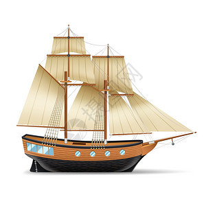 帆船插图木制帆船与两个桅杆广场帆现实矢量插图图片