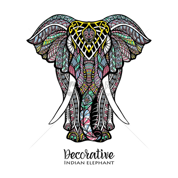 手绘正视图大象与彩色装饰矢量插图大象彩色插图插画图片下载-正版