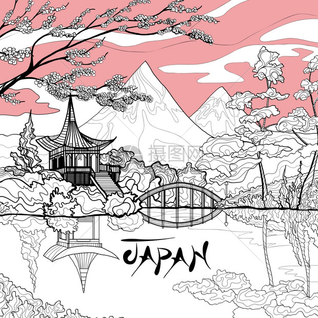 日本景观背景与素描宝塔中村山脉背景矢量插图日本景观背景图片