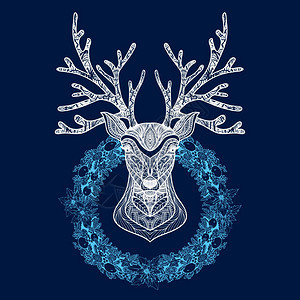 诞花环用鹿头手画蓝色背景矢量插图上带鹿头的诞花环图片