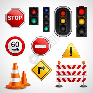 交通标志灯象形图收集道路交通流量监管标志红灯彩色光泽象形图收集教育横幅现实矢量孤立插图图片