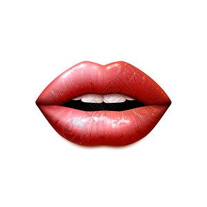 现实的女张开的嘴,嘴唇覆盖着闪亮的光泽矢量插图现实的女嘴唇图片