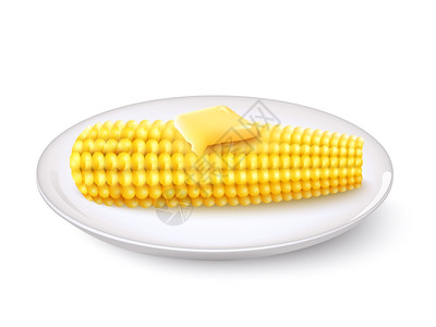 白色玉米真实的玉米芯与黄油白色碟子矢量插图现实的玉米芯插画