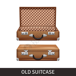 旧手提箱插图旧棕色打开手提箱现实矢量插图图片