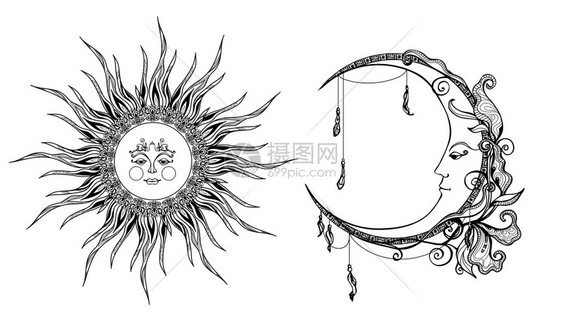 装饰日月与反形手绘制孤立矢量插图装饰太阳月亮图片