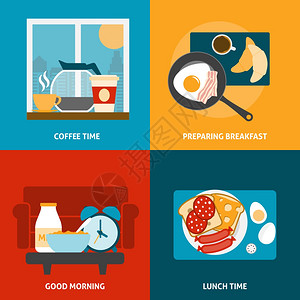 早餐午餐图标早餐午餐咖啡时间图标与准备膳食平孤立矢量插图图片