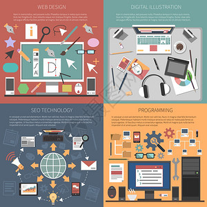 网页网页集与SEO技术编程平图标孤立矢量插图媒体高清图片素材