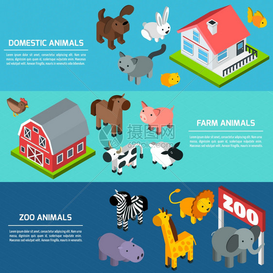 水平横幅与家庭农场动物园动物等距元素孤立矢量插图等距动物横幅图片