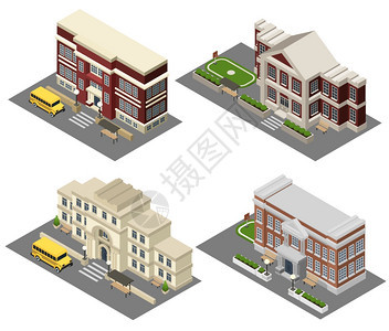 学校等距图标学校建筑等距图标场景总线长凳隔离矢量插图图片