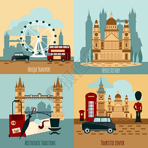 伦敦旅游集与运输历史图标矢量插图伦敦旅游套装图片