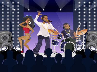嘻哈元素说唱音乐会的与嘻哈音乐家舞者舞台卡通矢量插图说唱音乐会场景插画