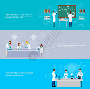 科学家横幅套科学家水平横幅与实验室实验元素分离矢量插图图片